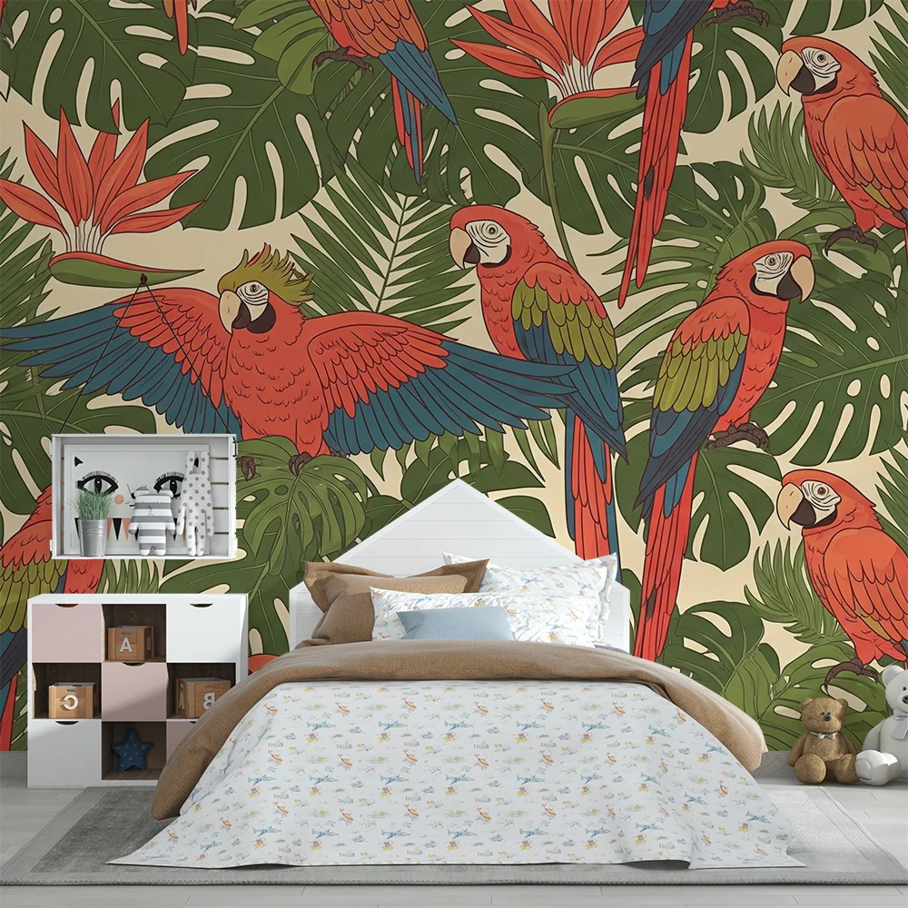 Papel de parede crianç | Papagaios coloridos e folhagem tropical