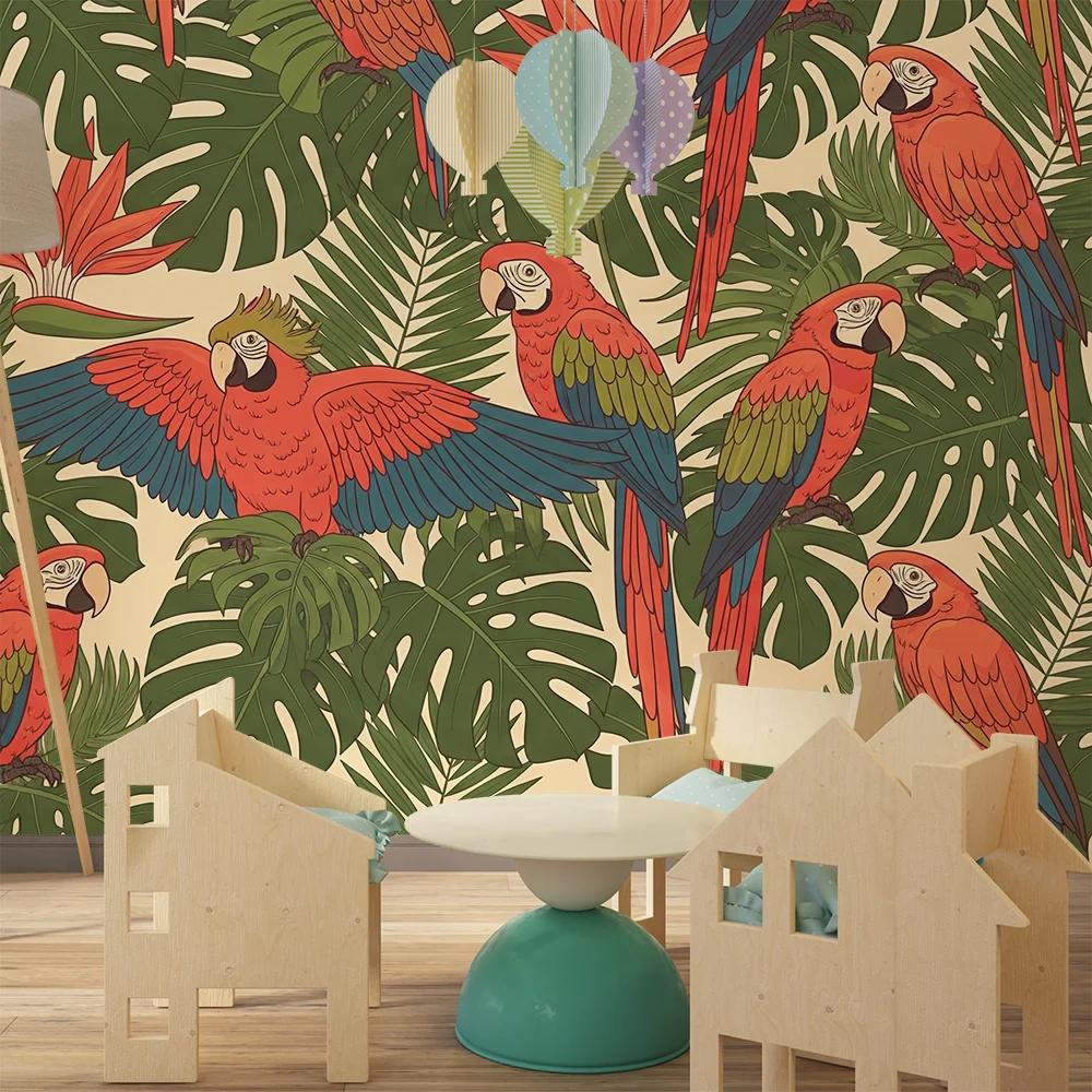 Papel de parede crianç | Papagaios coloridos e folhagem tropical