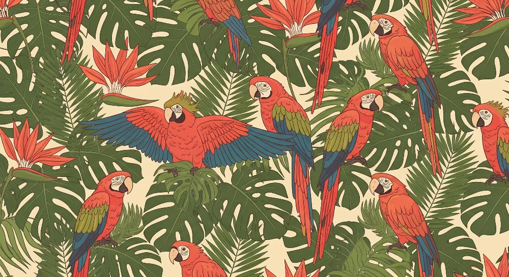 Papel de parede crianç | Papagaios coloridos e folhagem tropical