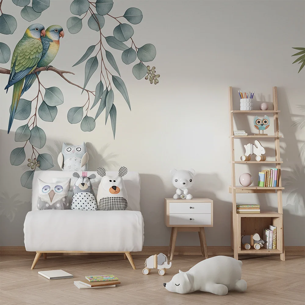 Papel de parede crianç | Papagaios coloridos e folhagem tropical calmante