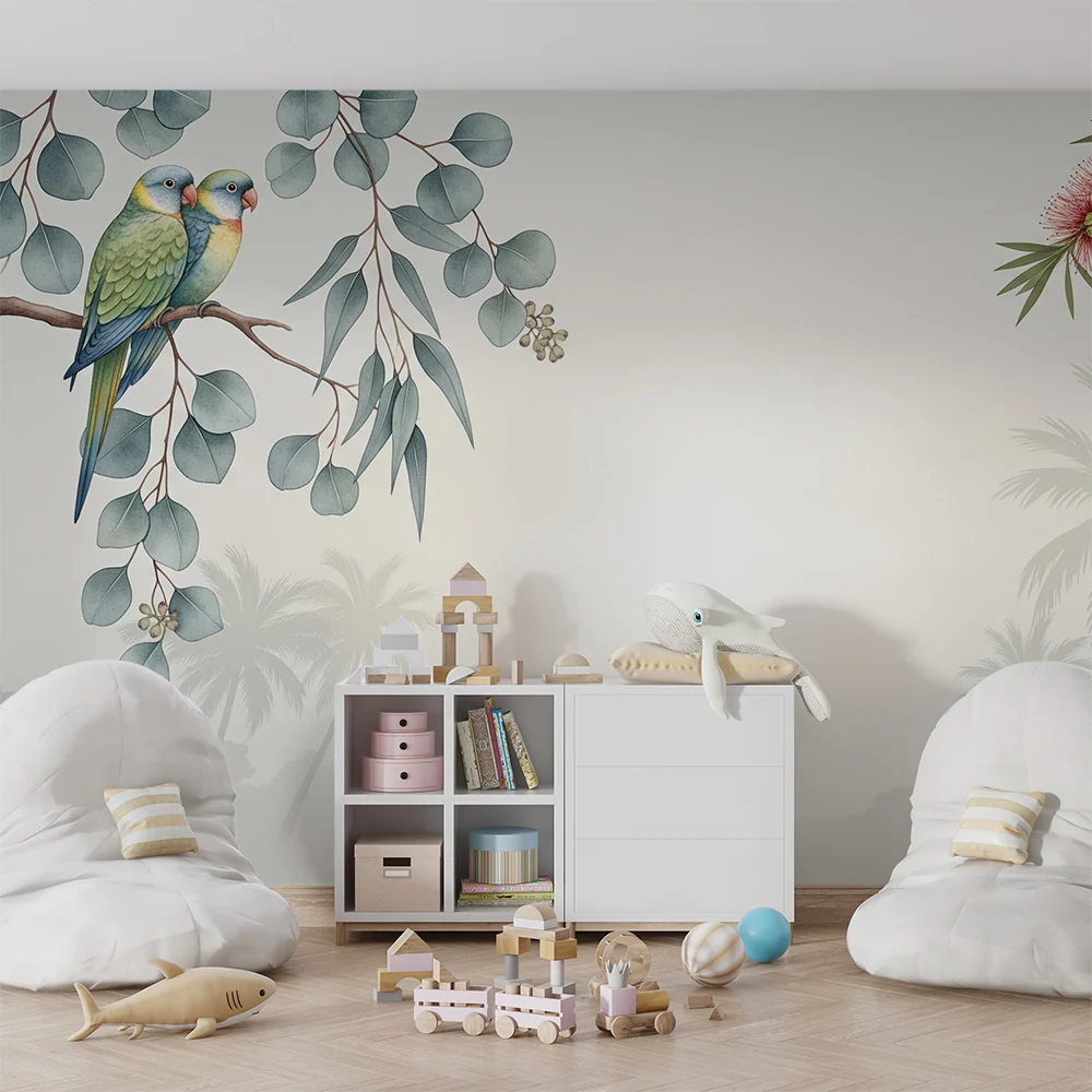 Papel de parede crianç | Papagaios coloridos e folhagem tropical calmante