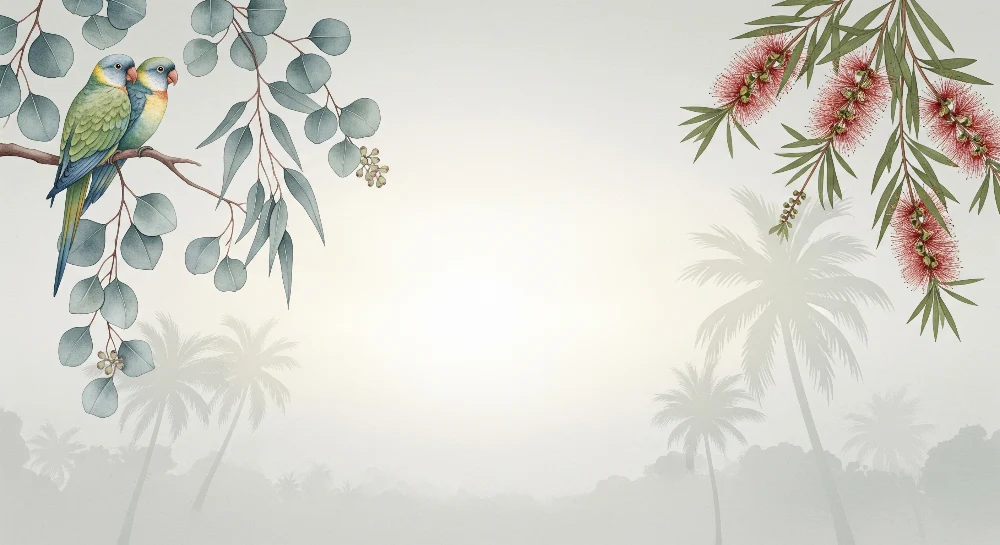 Papel de parede crianç | Papagaios coloridos e folhagem tropical calmante