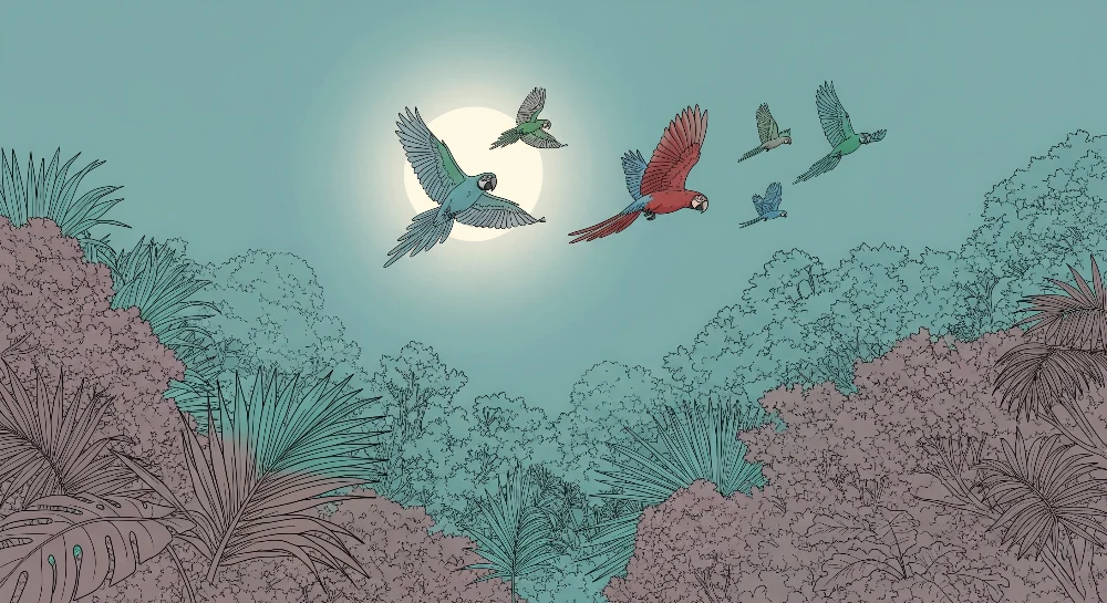 Papel de parede crianç | Papagaios e selva sob lua