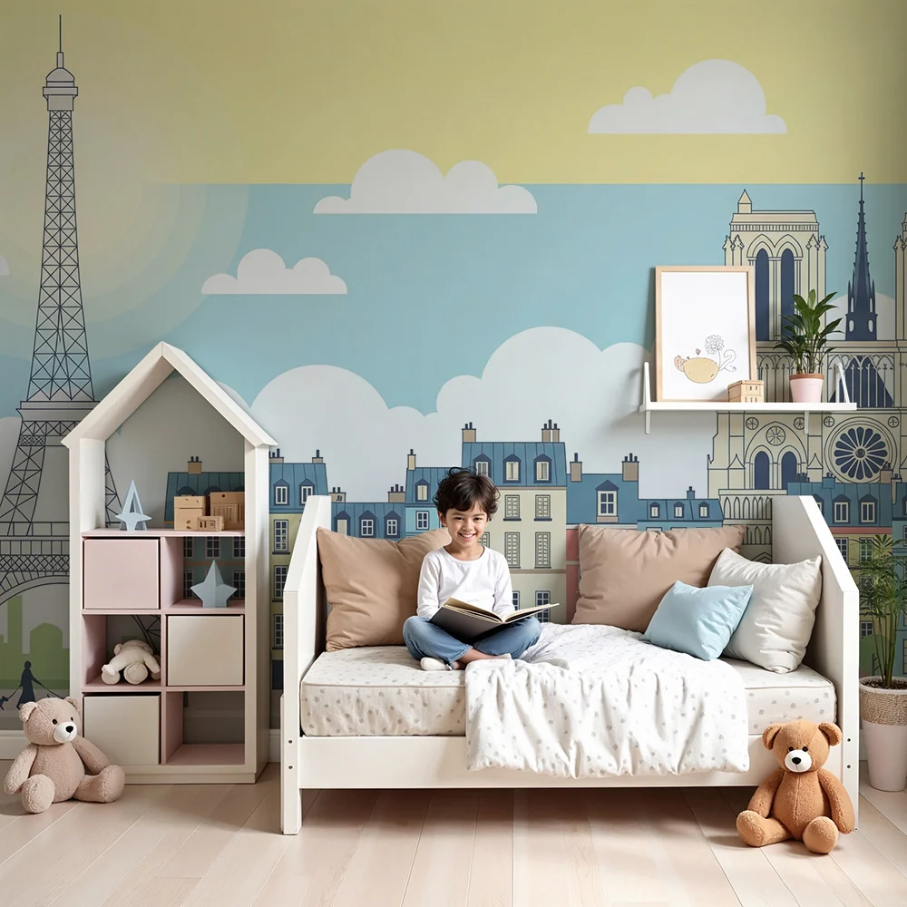 Papel de parede crianç | Paris e seus monumentos emblemáticos em cores pastel