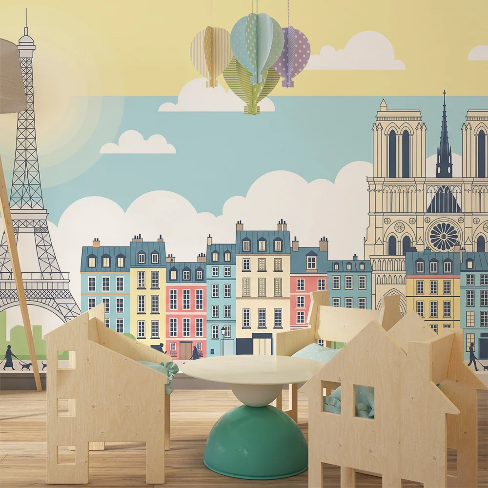 Papel de parede crianç | Paris e seus monumentos emblemáticos em cores pastel
