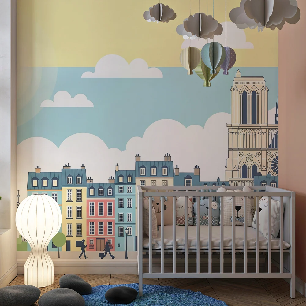 Papel de parede crianç | Paris e seus monumentos emblemáticos em cores pastel