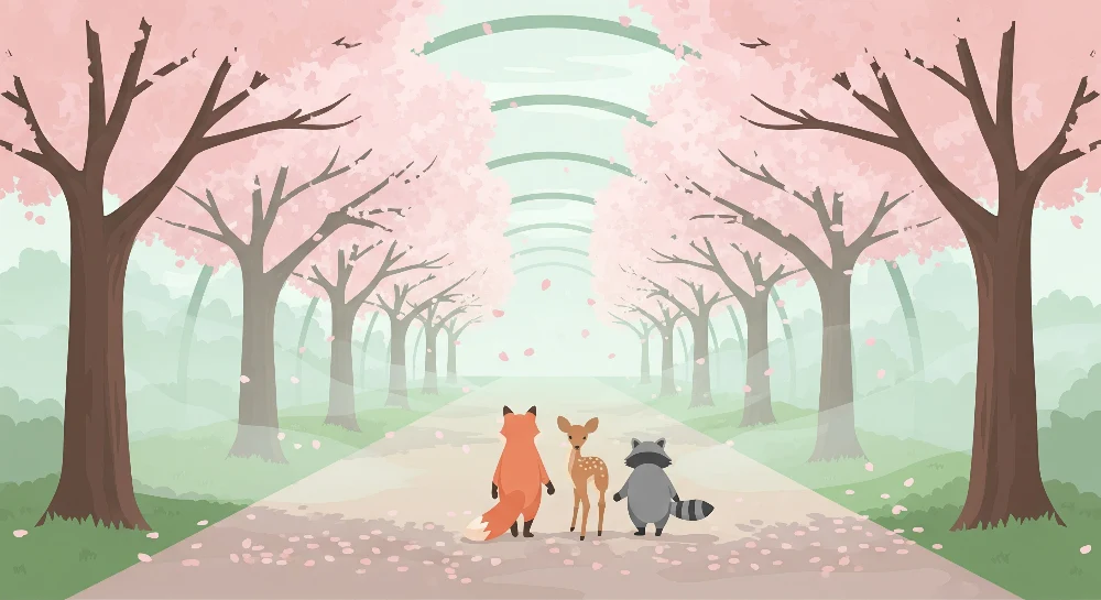Papel de parede crianç | Passeio encantado sob as cerejeiras em flor