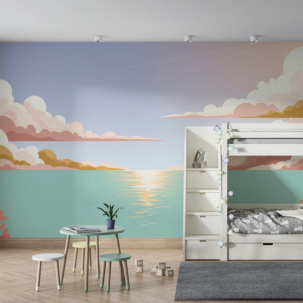 Papel de parede crianç | Céu pastel e mar tranquilo com corais