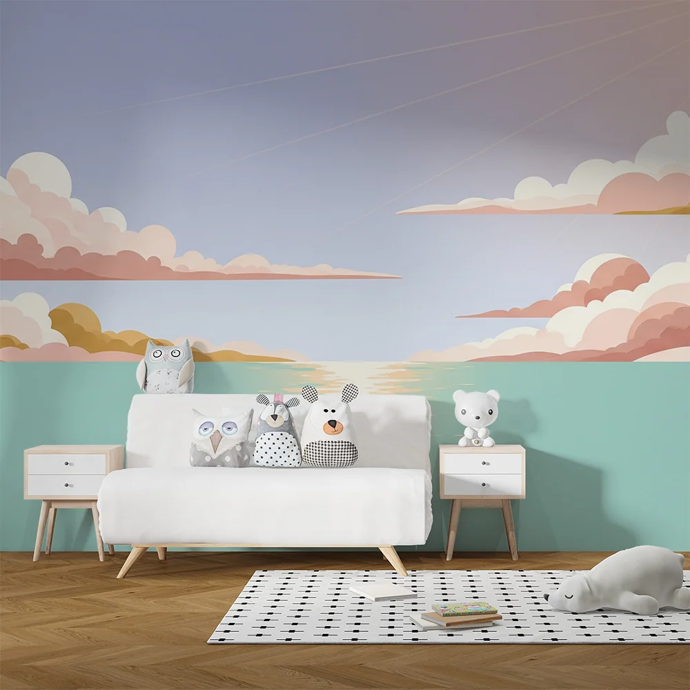 Papel de parede crianç | Céu pastel e mar tranquilo com corais