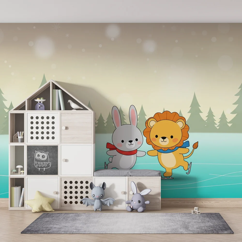 Papel de parede crianç | Patinagem suave com um coelho e um leão
