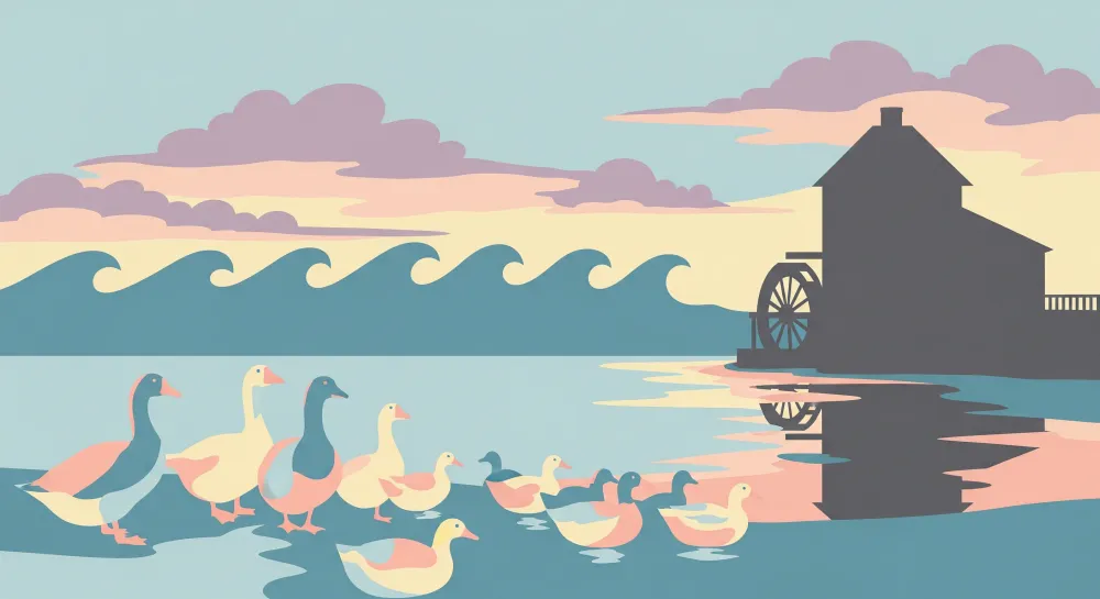 Papel de parede crianç | Patos coloridos à beira da água com moinho