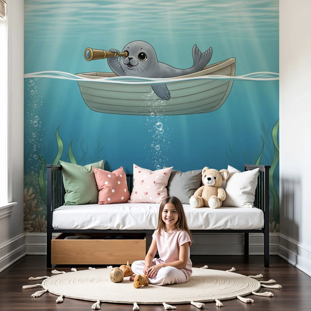 Papel de parede crianç | Pequena foca aventureira submarina