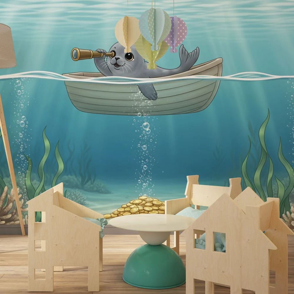 Papel de parede crianç | Pequena foca aventureira submarina