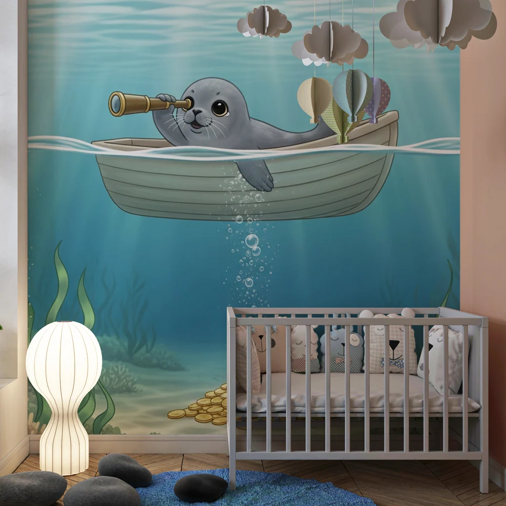 Papel de parede crianç | Pequena foca aventureira submarina