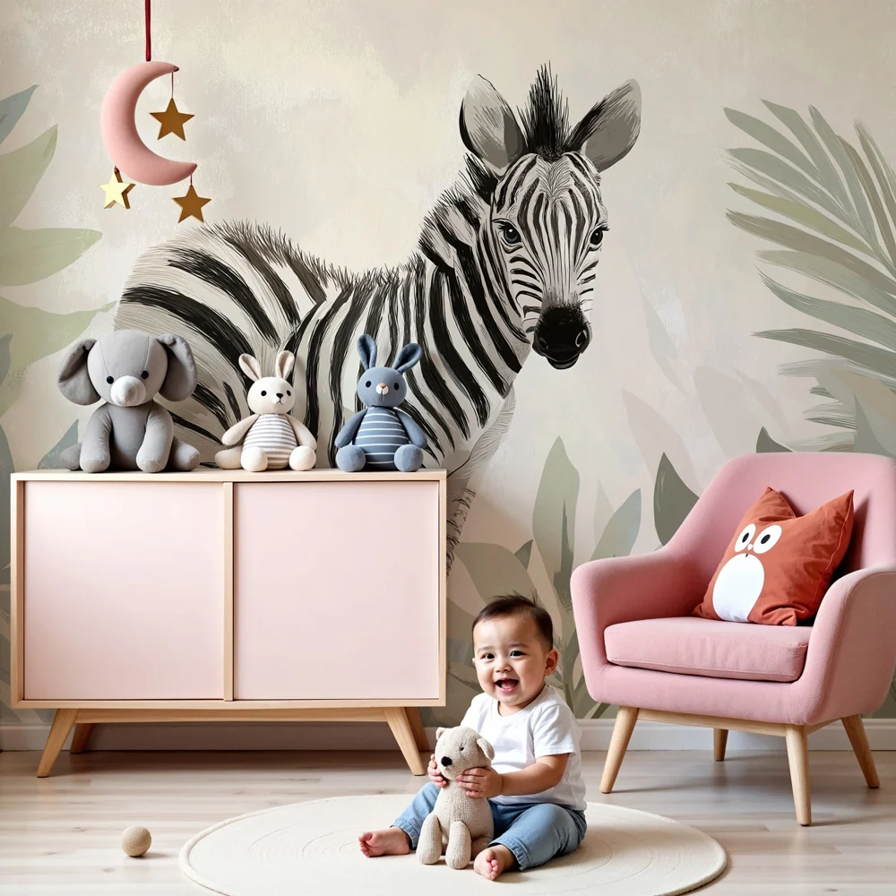 Papel de parede crianç | Pequena zebra entre as folhas tropicais