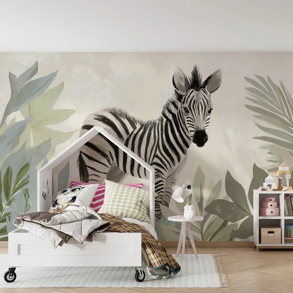Papel de parede crianç | Pequena zebra entre as folhas tropicais