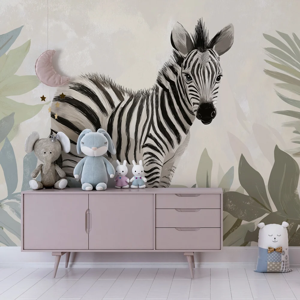 Papel de parede crianç | Pequena zebra entre as folhas tropicais