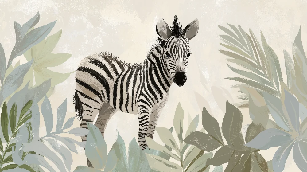 Papel de parede crianç | Pequena zebra entre as folhas tropicais