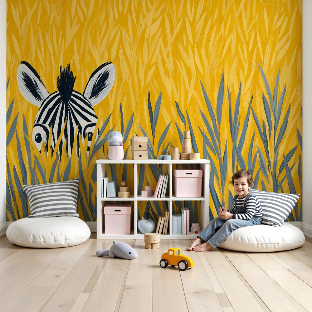 Papel de parede crianç | Pequena zebra escondida nas ervas