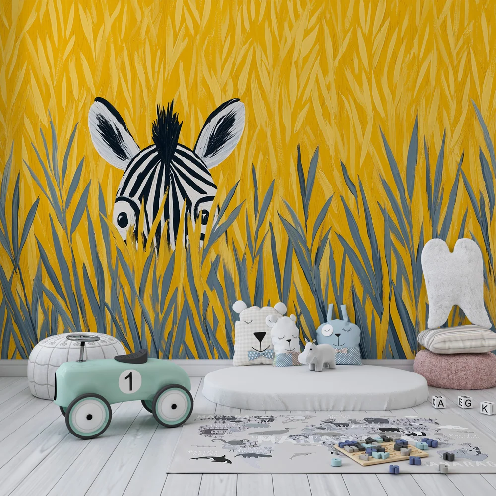 Papel de parede crianç | Pequena zebra escondida nas ervas