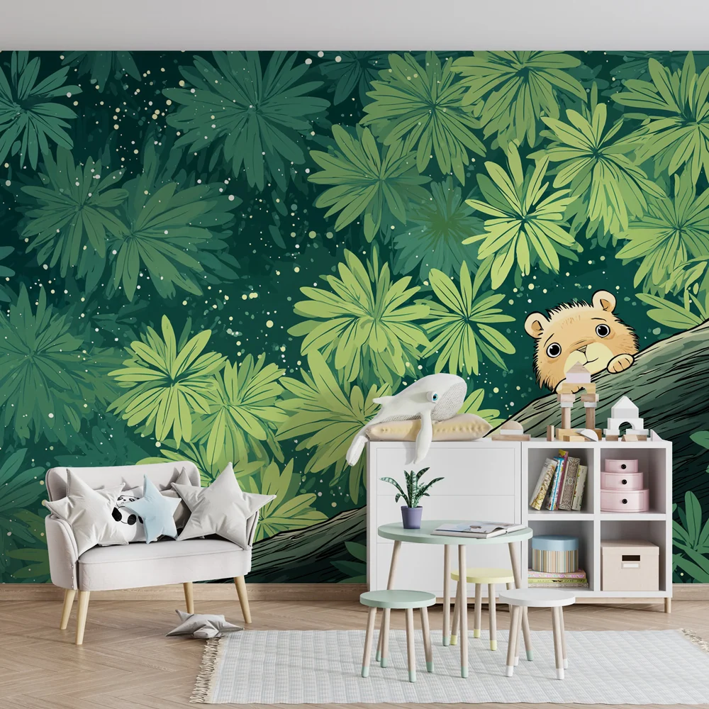 Papel de parede crianç | Pequeno animal curioso sob as folhas tropicais
