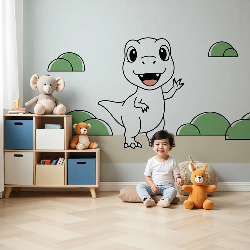 Papel de parede crianç | Pequeno dinossauro divertido num cenário lúdico