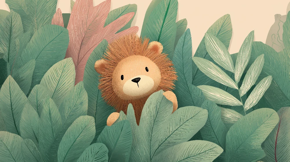 Papel de parede crianç | Pequeno leão curioso no meio da selva
