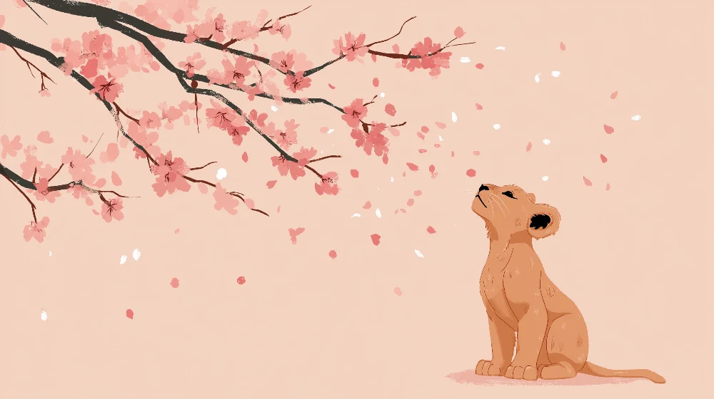 Papel de parede crianç | Pequeno leão sob as cerejeiras em flor