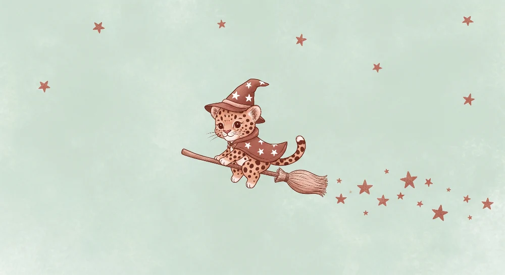 Papel de parede crianç | Pequeno leopardo feiticeiro em uma vassoura com estrelas