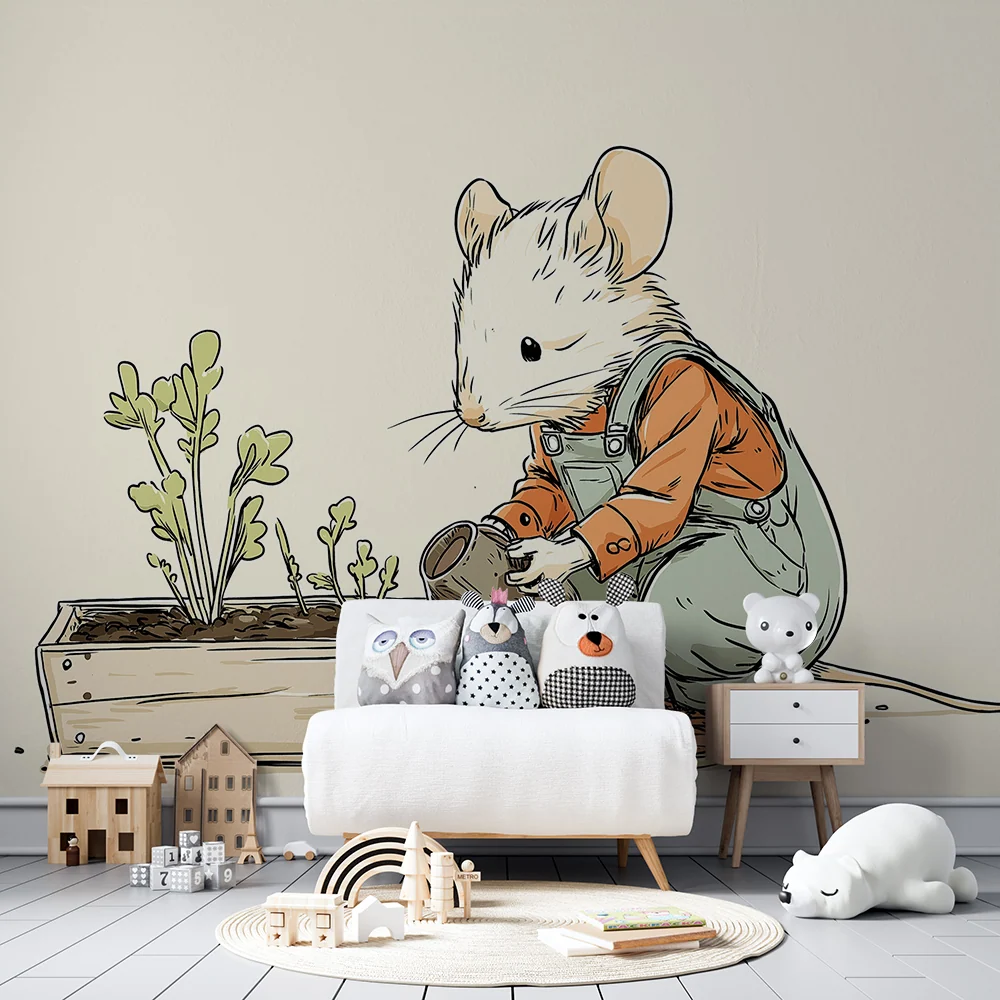 Papel de parede crianç | Pequeno rato jardineiro com as suas plantas
