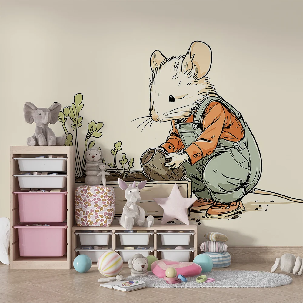 Papel de parede crianç | Pequeno rato jardineiro com as suas plantas