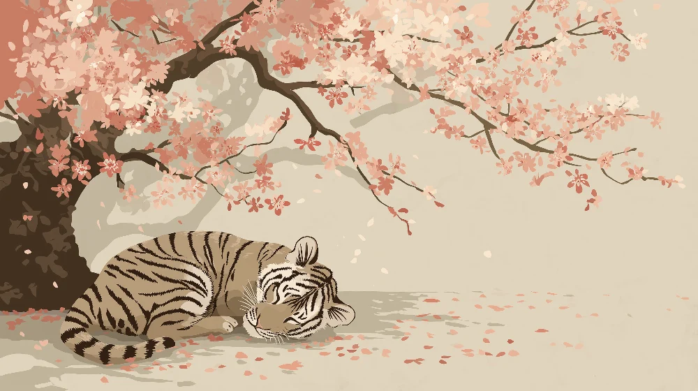 Papel de parede crianç | Pequeno tigre adormecido debaixo de uma cerejeira em flor