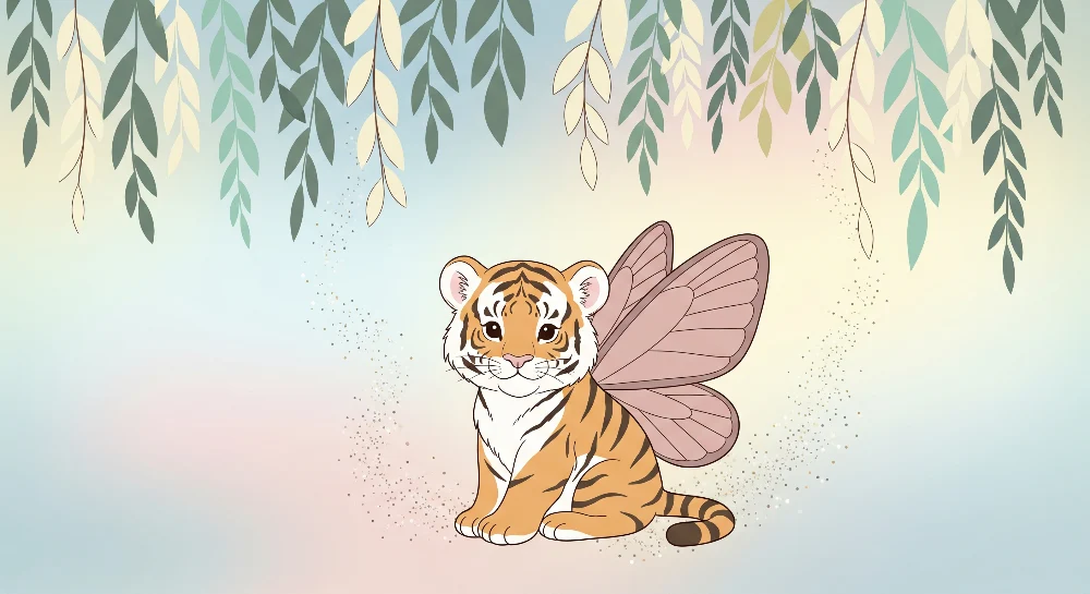Papel de parede crianç | Pequeno tigre com asas de borboleta num cenário mágico