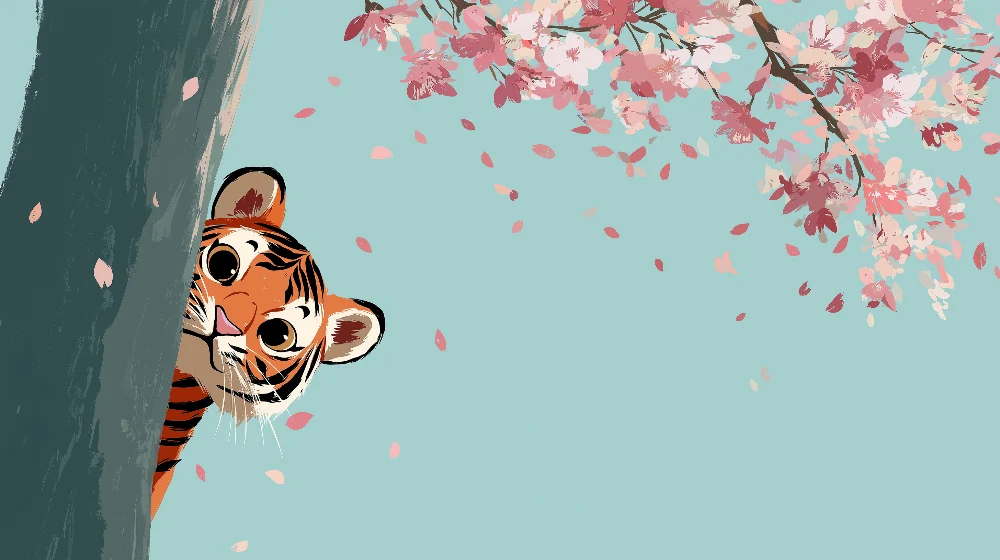 Papel de parede crianç | Pequeno tigre curioso atrás de uma árvore com flores de cerejeira