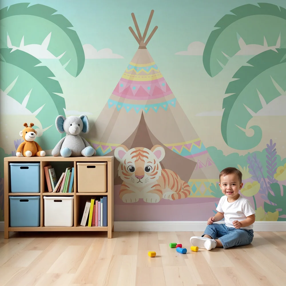 Papel de parede crianç | Pequeno tigre e tenda colorida