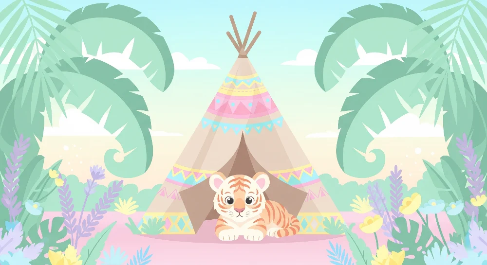 Papel de parede crianç | Pequeno tigre e tenda colorida