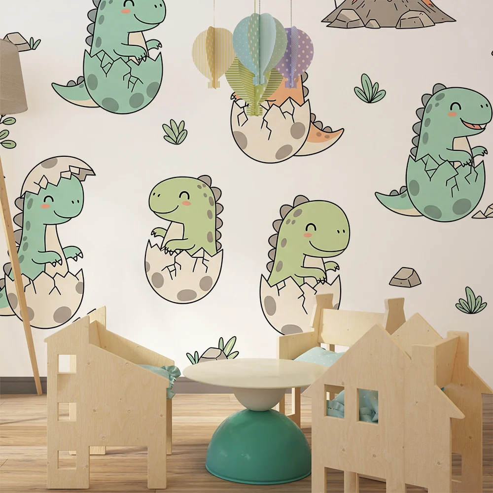 Papel de parede crianç | Pequenos dinossauros e vulcões coloridos num cenário lúdico