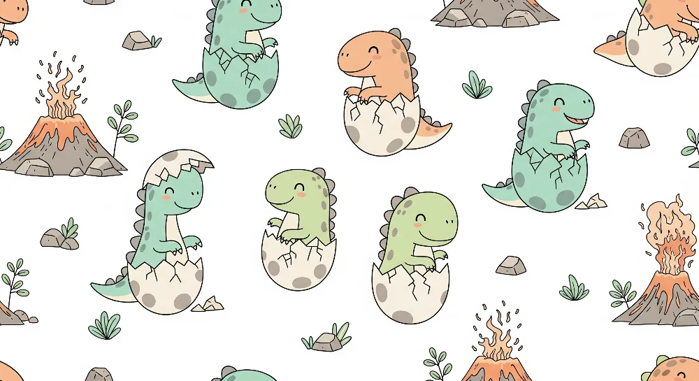 Papel de parede crianç | Pequenos dinossauros e vulcões coloridos num cenário lúdico