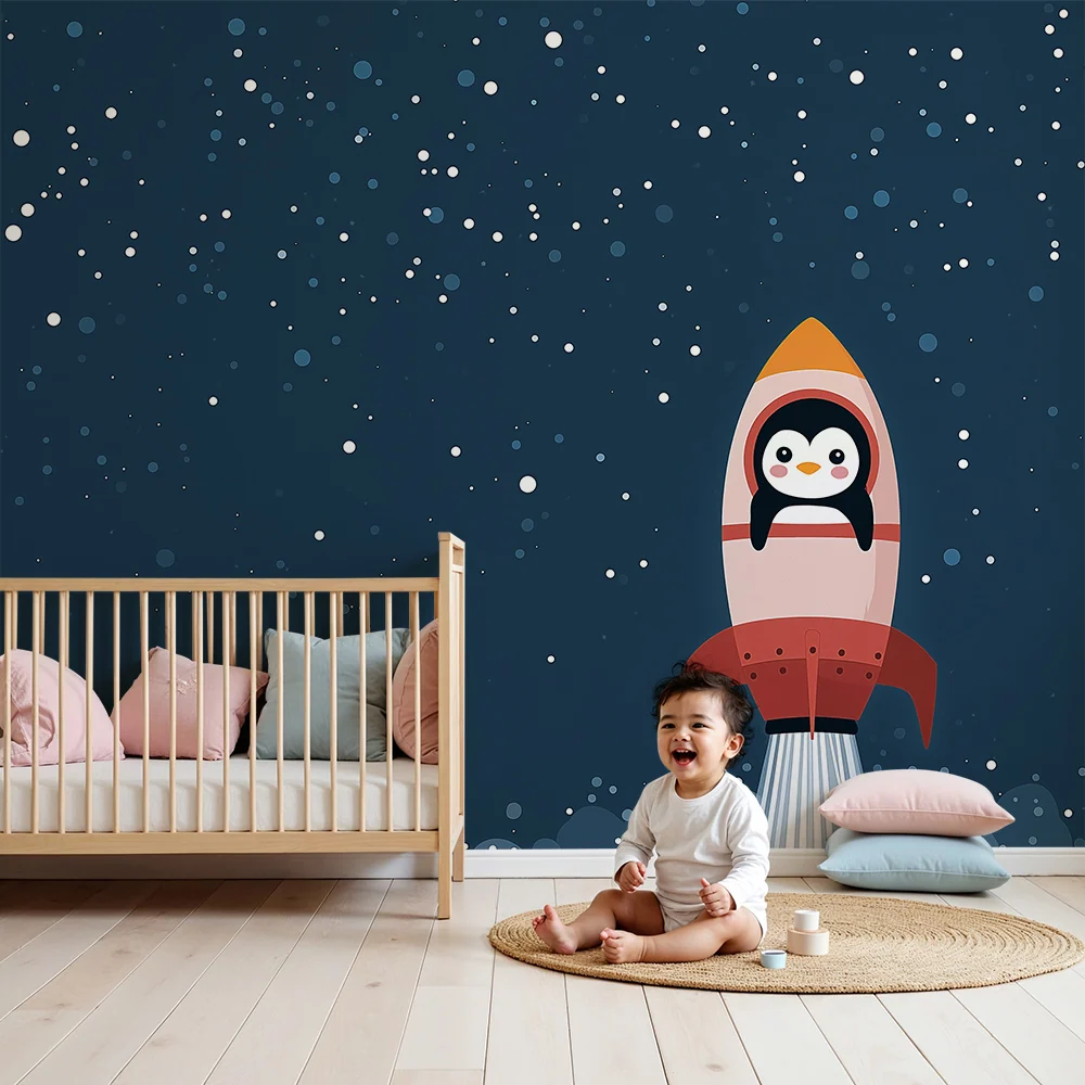 Papel de parede crianç | Pinguim astronauta no espaço com foguete colorido