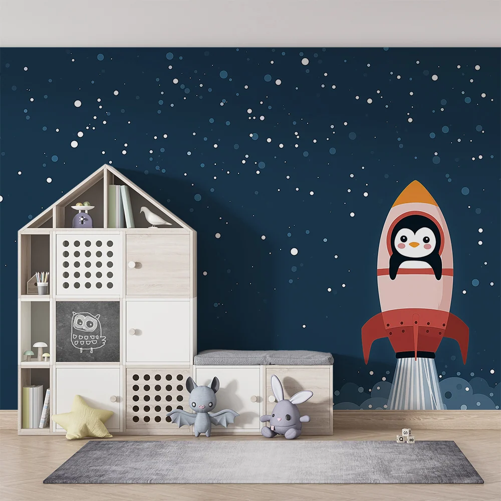 Papel de parede crianç | Pinguim astronauta no espaço com foguete colorido