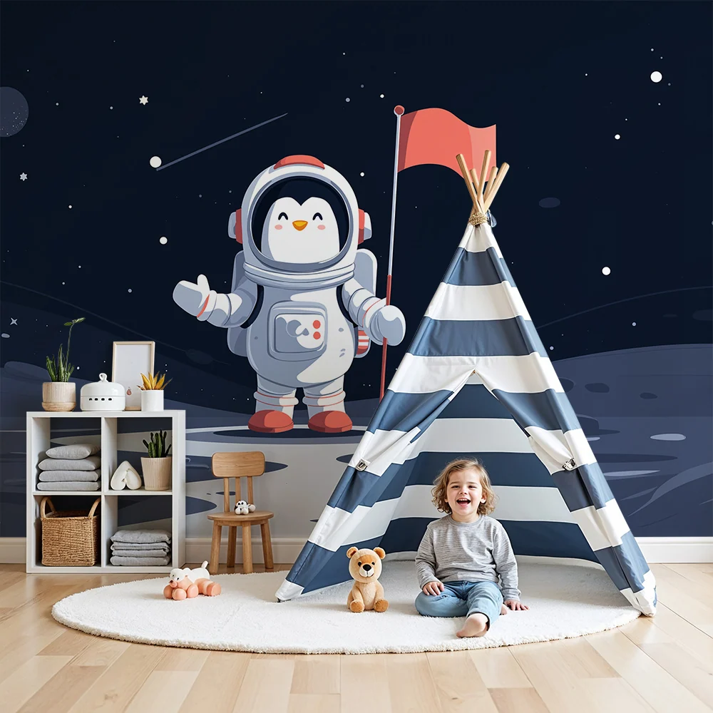 Papel de parede crianç | Pinguim astronauta na lua com estrelas brilhantes