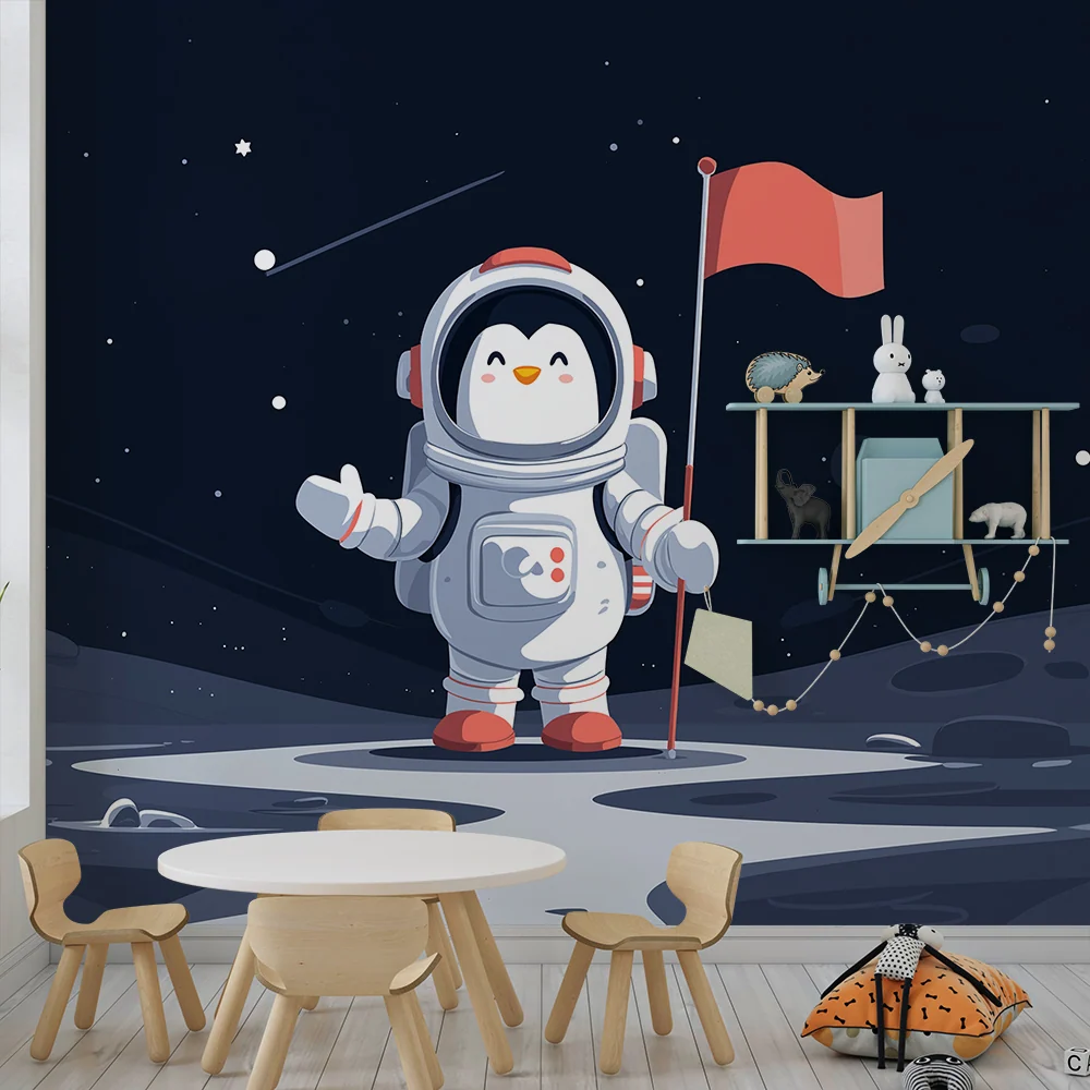 Papel de parede crianç | Pinguim astronauta na lua com estrelas brilhantes