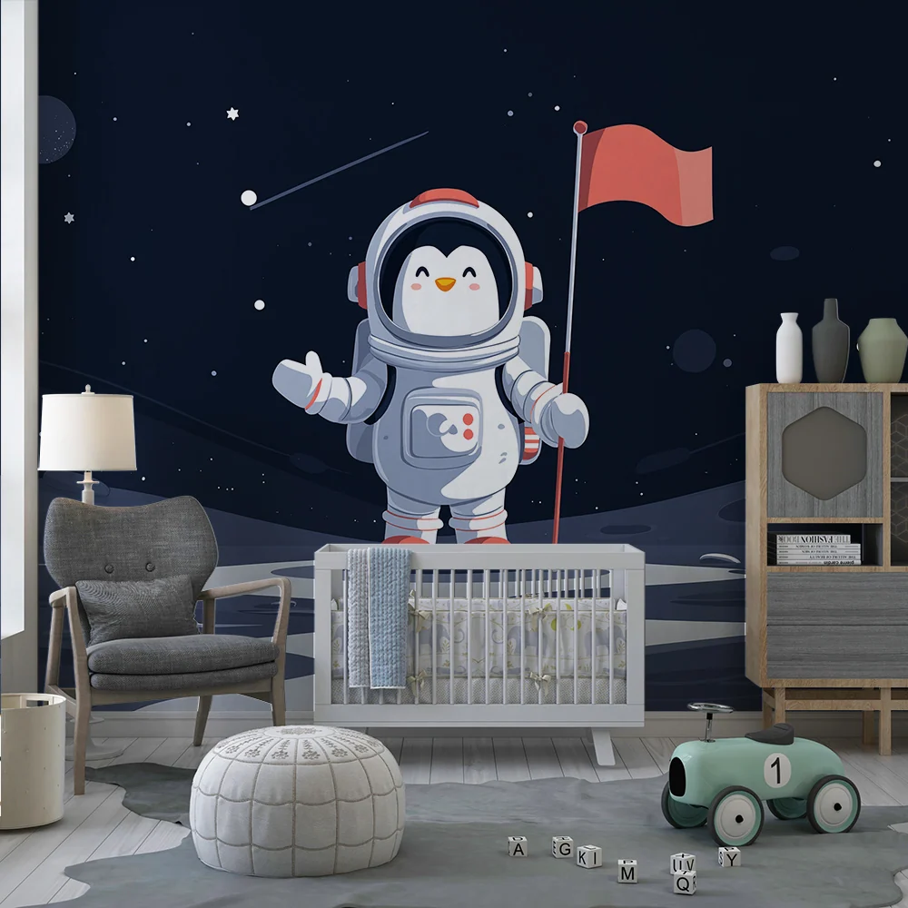 Papel de parede crianç | Pinguim astronauta na lua com estrelas brilhantes