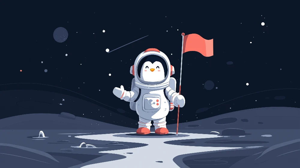 Papel de parede crianç | Pinguim astronauta na lua com estrelas brilhantes