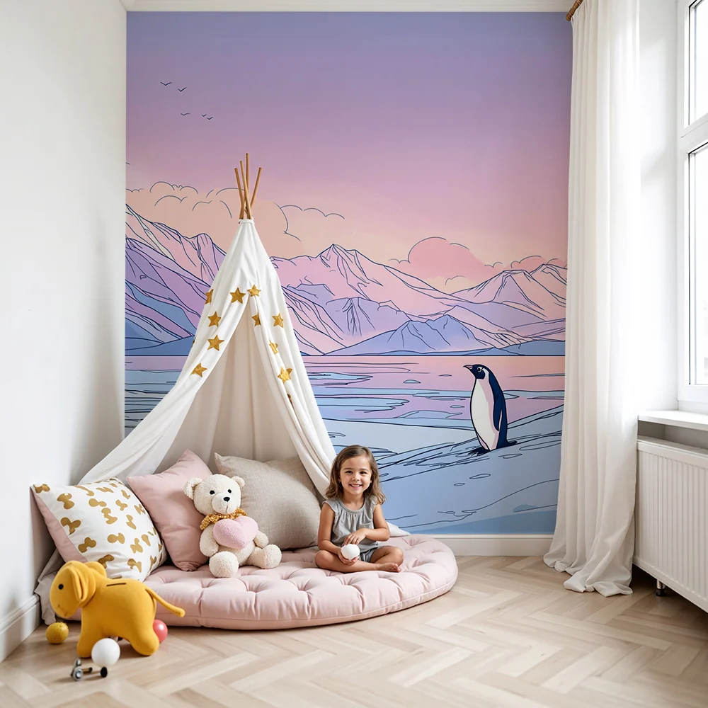 Papel de parede crianç | Pinguim solitário num cenário montanhoso pastel