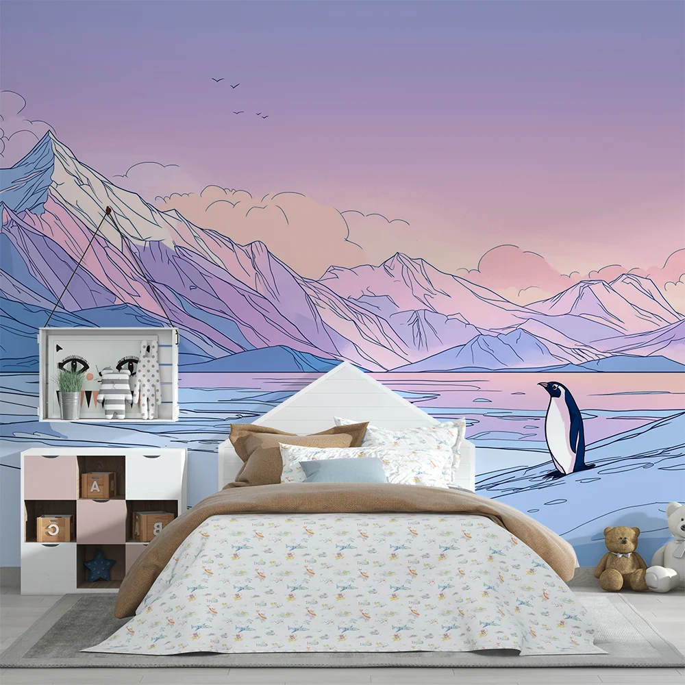 Papel de parede crianç | Pinguim solitário num cenário montanhoso pastel