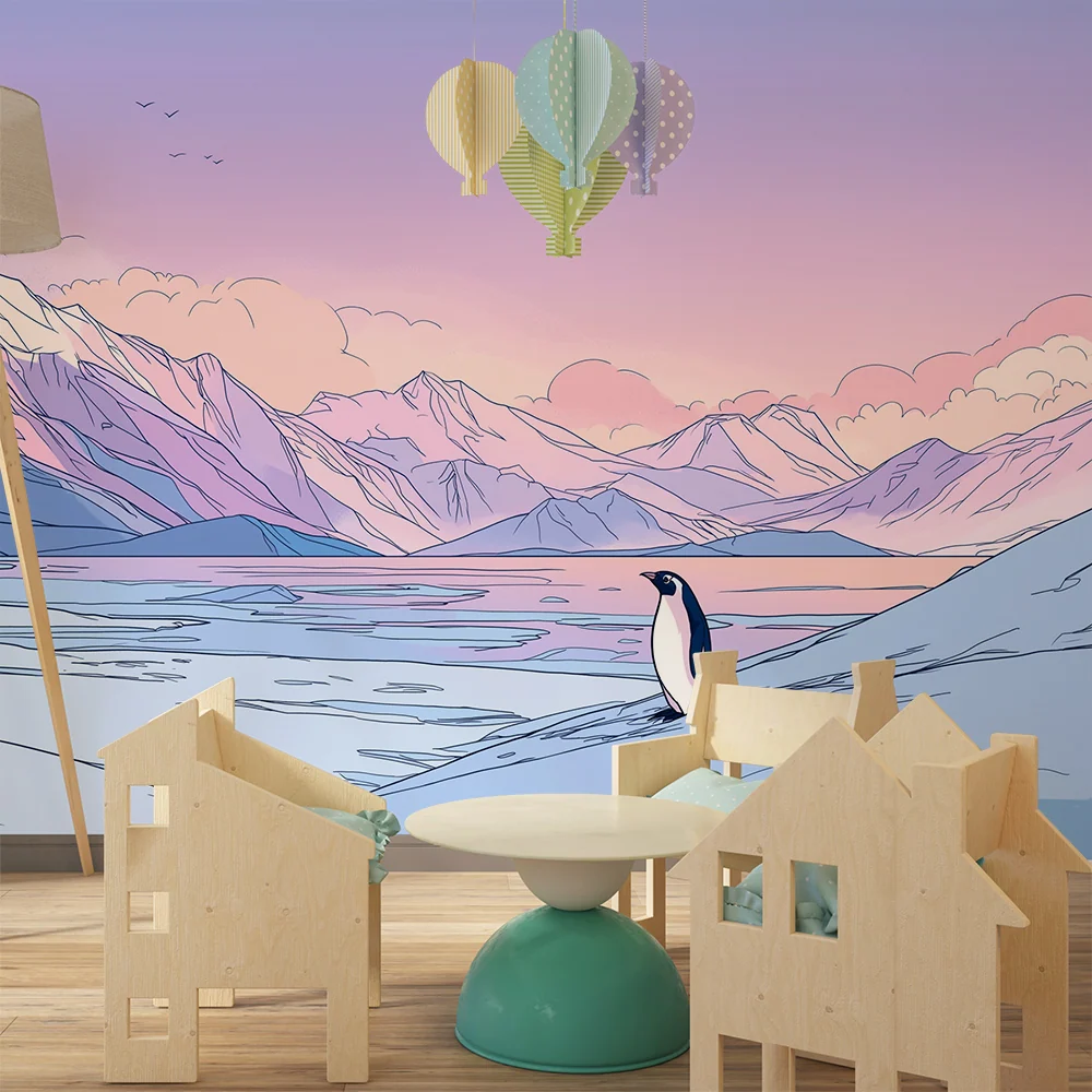 Papel de parede crianç | Pinguim solitário num cenário montanhoso pastel