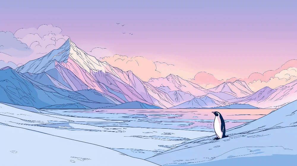 Papel de parede crianç | Pinguim solitário num cenário montanhoso pastel
