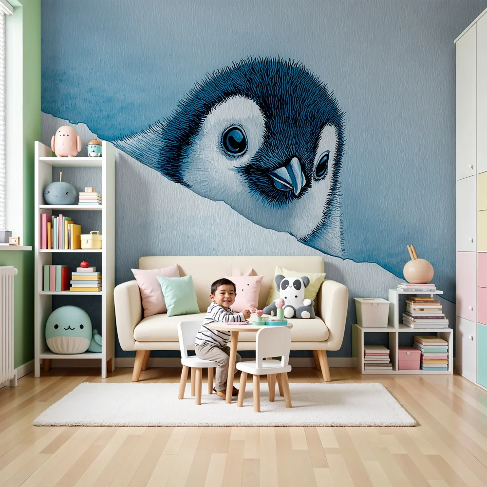 Papel de parede crianç | Pinguim travesso em fundo gelado