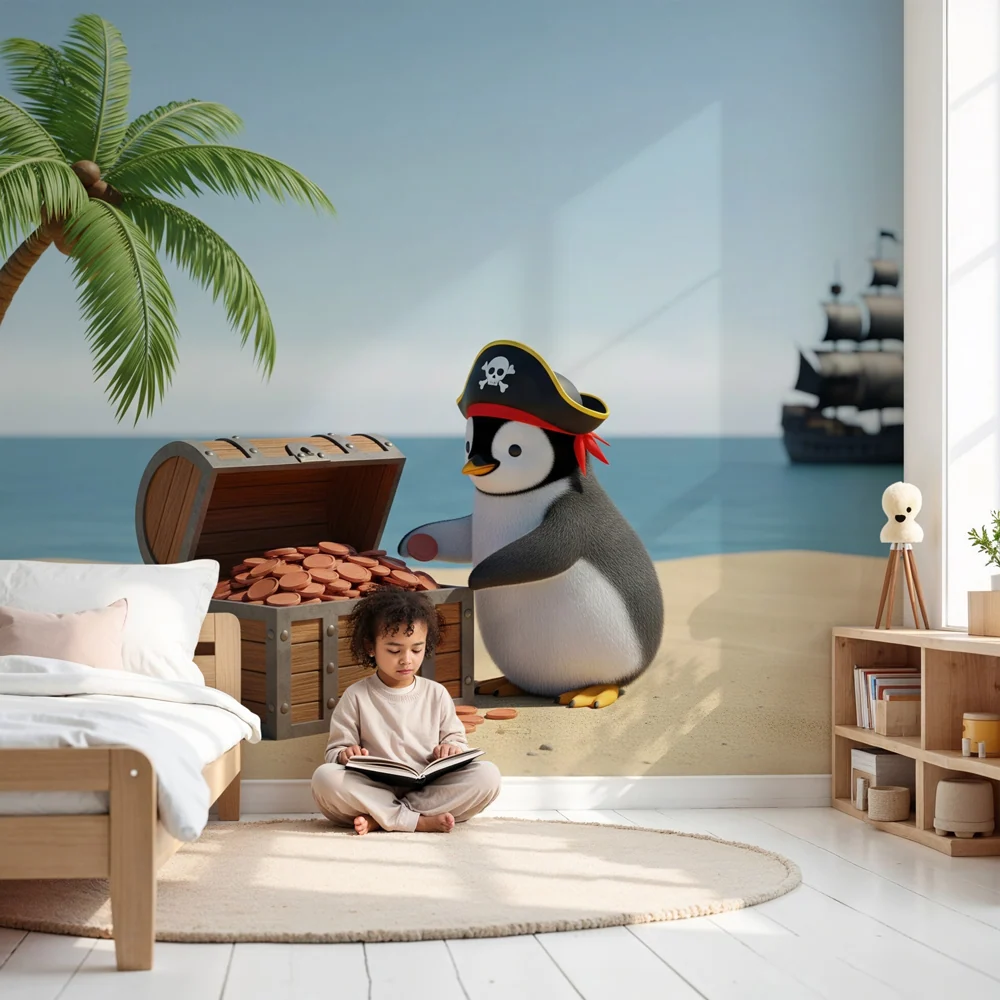 Papel de parede crianç | Pirata pinguim em uma praia ensolarada